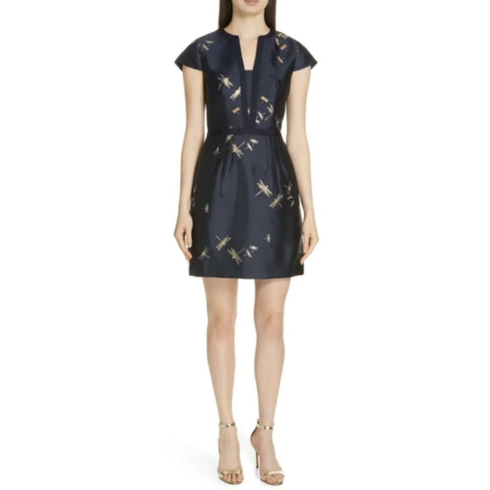 Ted Baker Hartty Blue Gold Dragonfly Beaded Sheath Dress Size 2/Medium